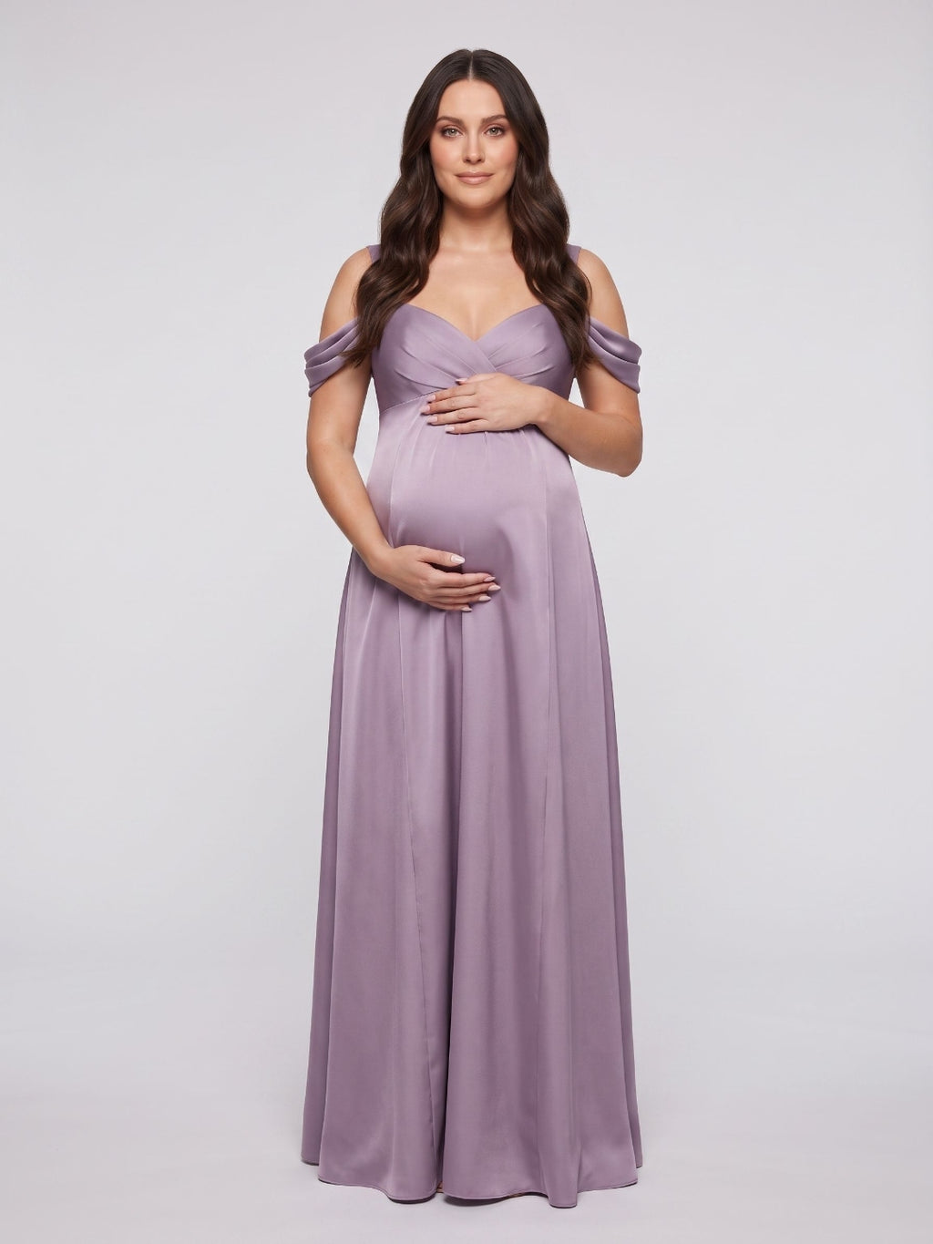 Lavender Satin A-Line Off-the-Shoulder V-Back Ankle-Length Maternity Bridesmaid Dress
