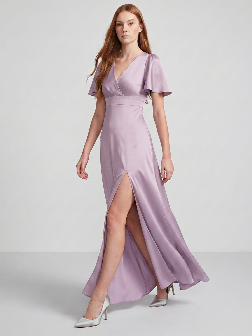 Lavender Satin A-Line V-Neck Back Zip Floor-Length Bridesmaid Dress