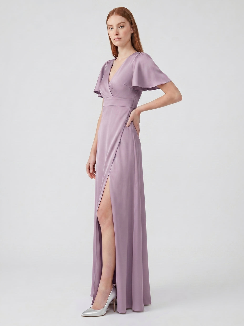 Lavender Satin A-Line V-Neck Back Zip Floor-Length Bridesmaid Dress