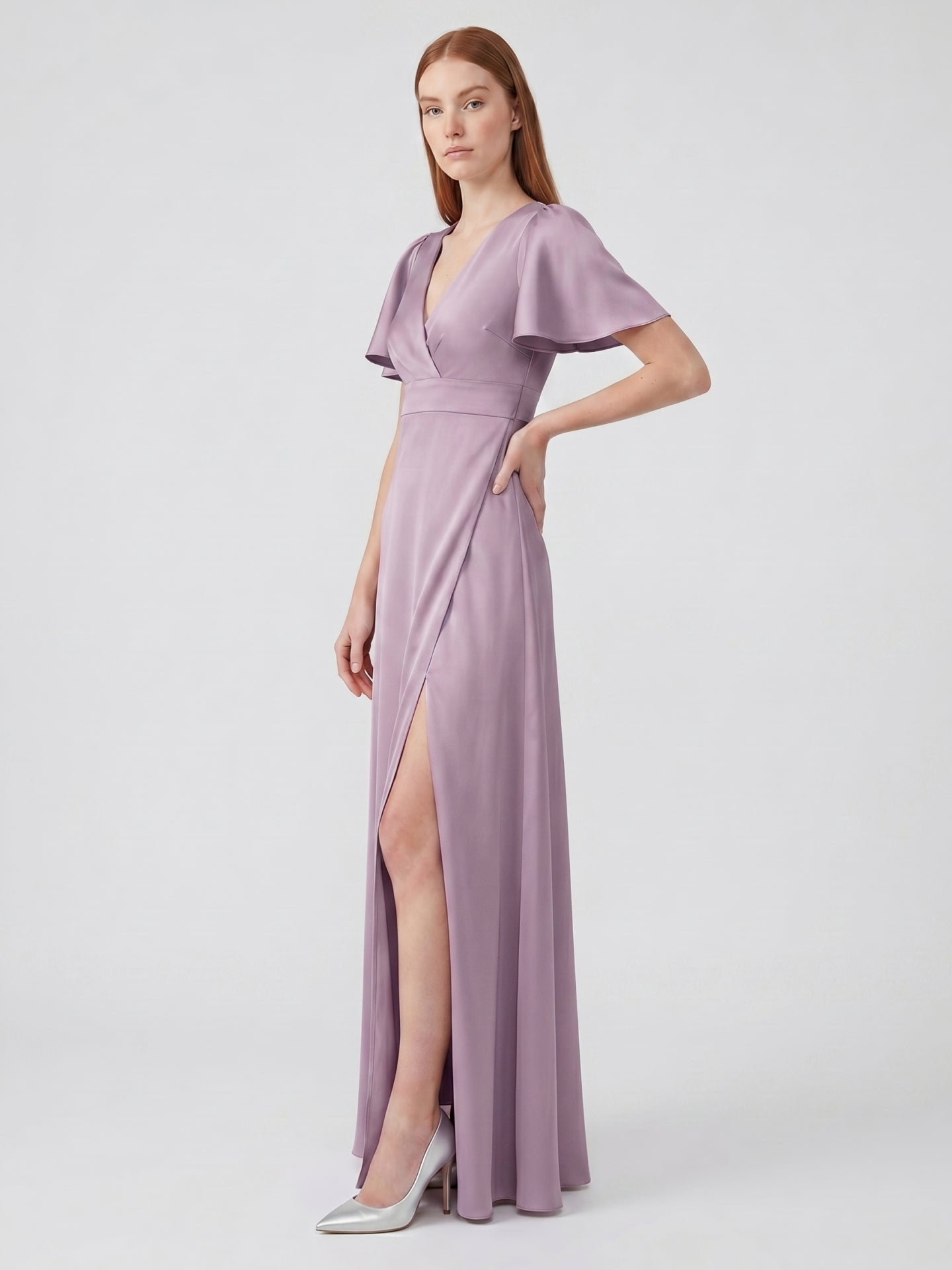 Lavender Satin A-Line V-Neck Back Zip Floor-Length Bridesmaid Dress