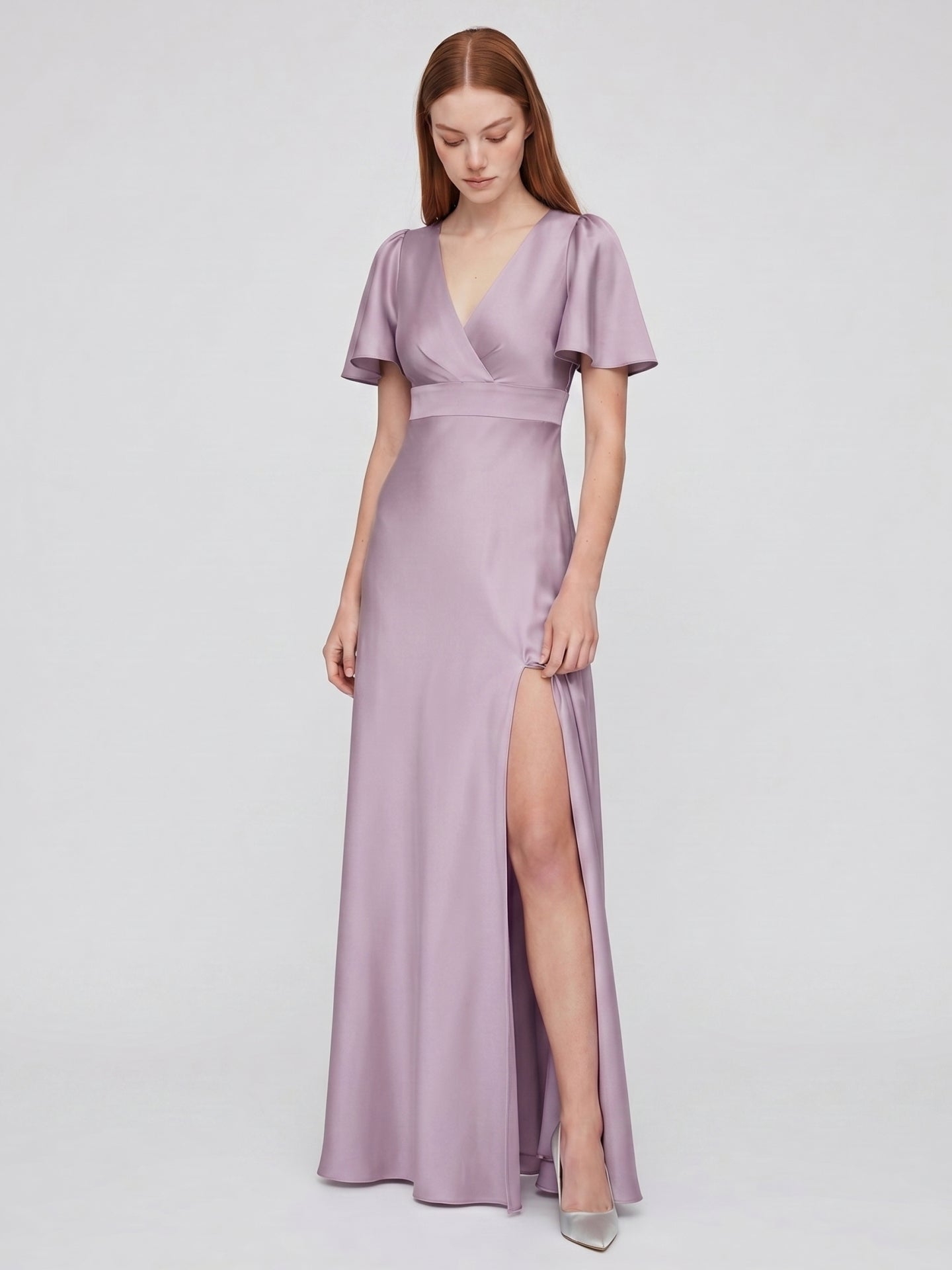 Lavender Satin A-Line V-Neck Back Zip Floor-Length Bridesmaid Dress