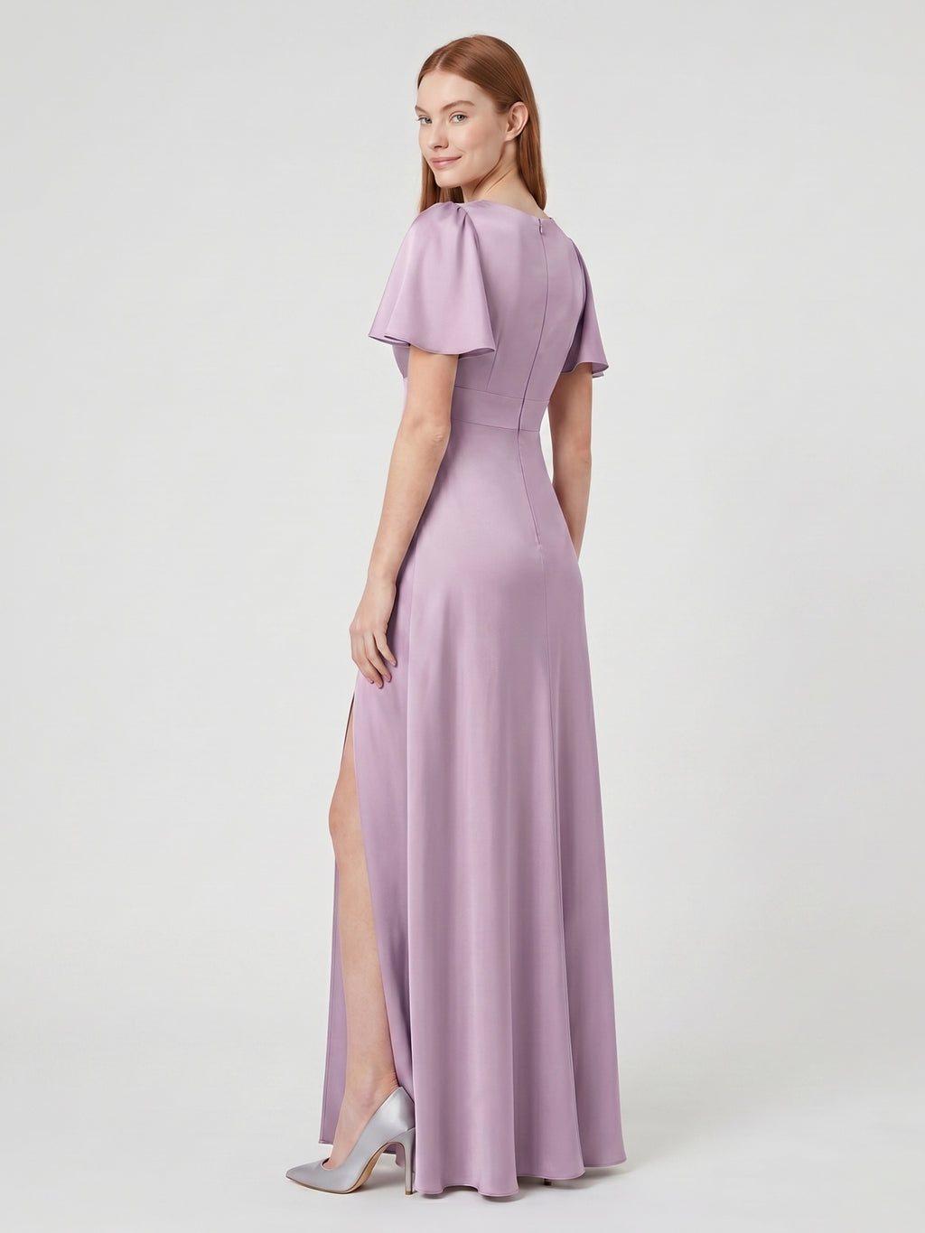 Lavender Satin A-Line V-Neck Back Zip Floor-Length Bridesmaid Dress