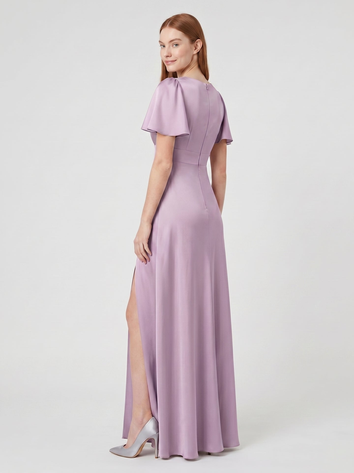 Lavender Satin A-Line V-Neck Back Zip Floor-Length Bridesmaid Dress
