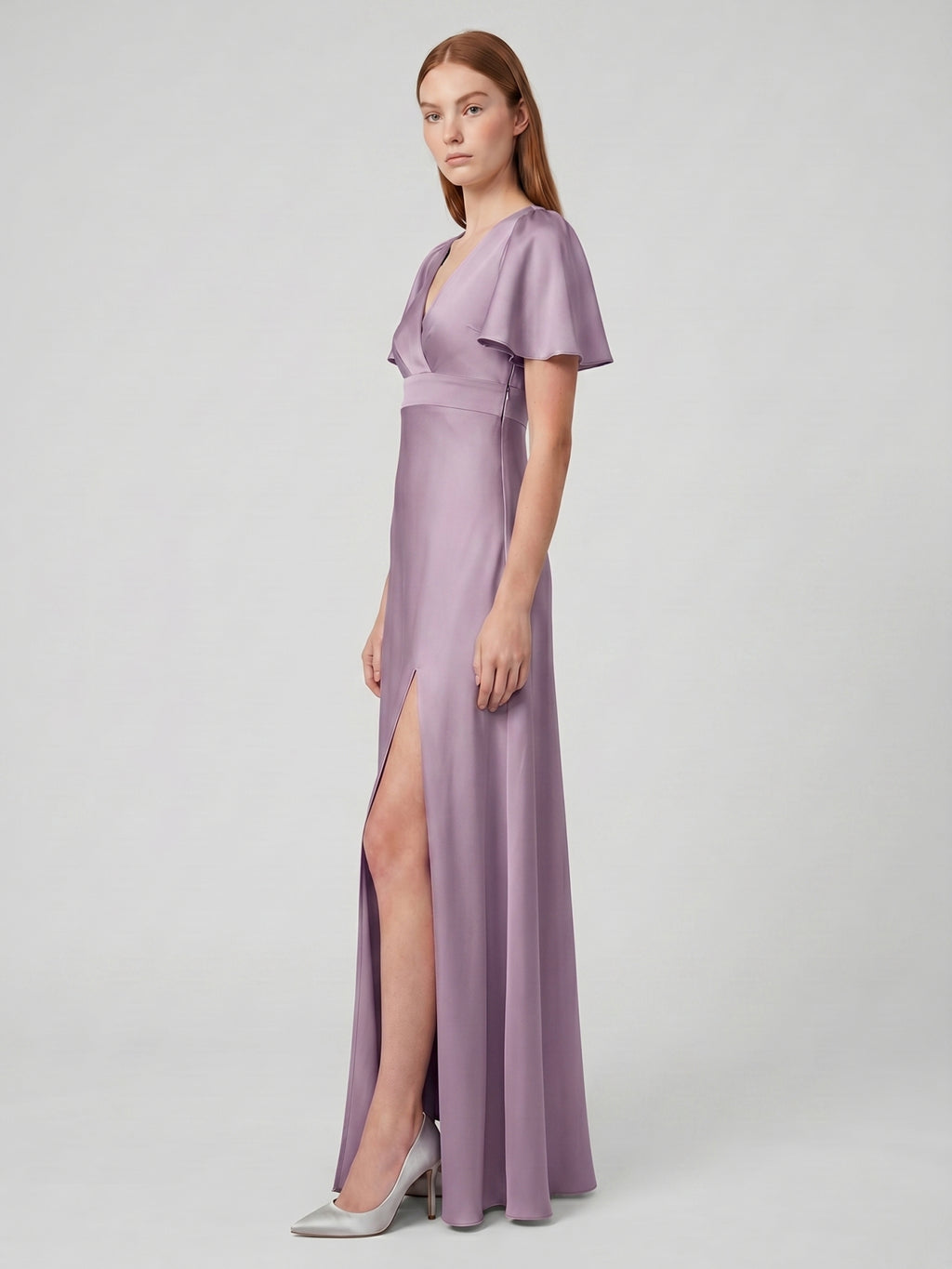 Lavender Satin A-Line V-Neck Back Zip Floor-Length Bridesmaid Dress