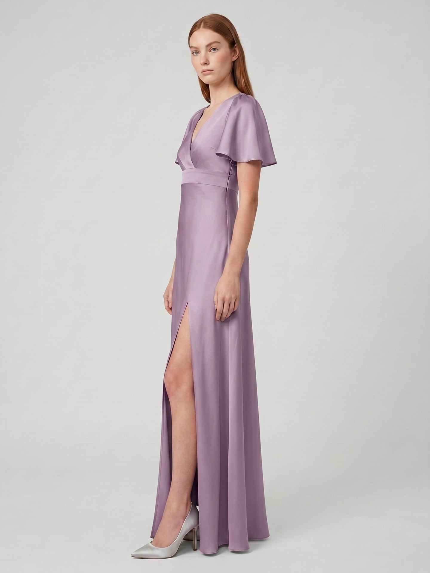 Lavender Satin A-Line V-Neck Back Zip Floor-Length Bridesmaid Dress