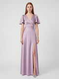 Lavender Satin A-Line V-Neck Back Zip Floor-Length Bridesmaid Dress
