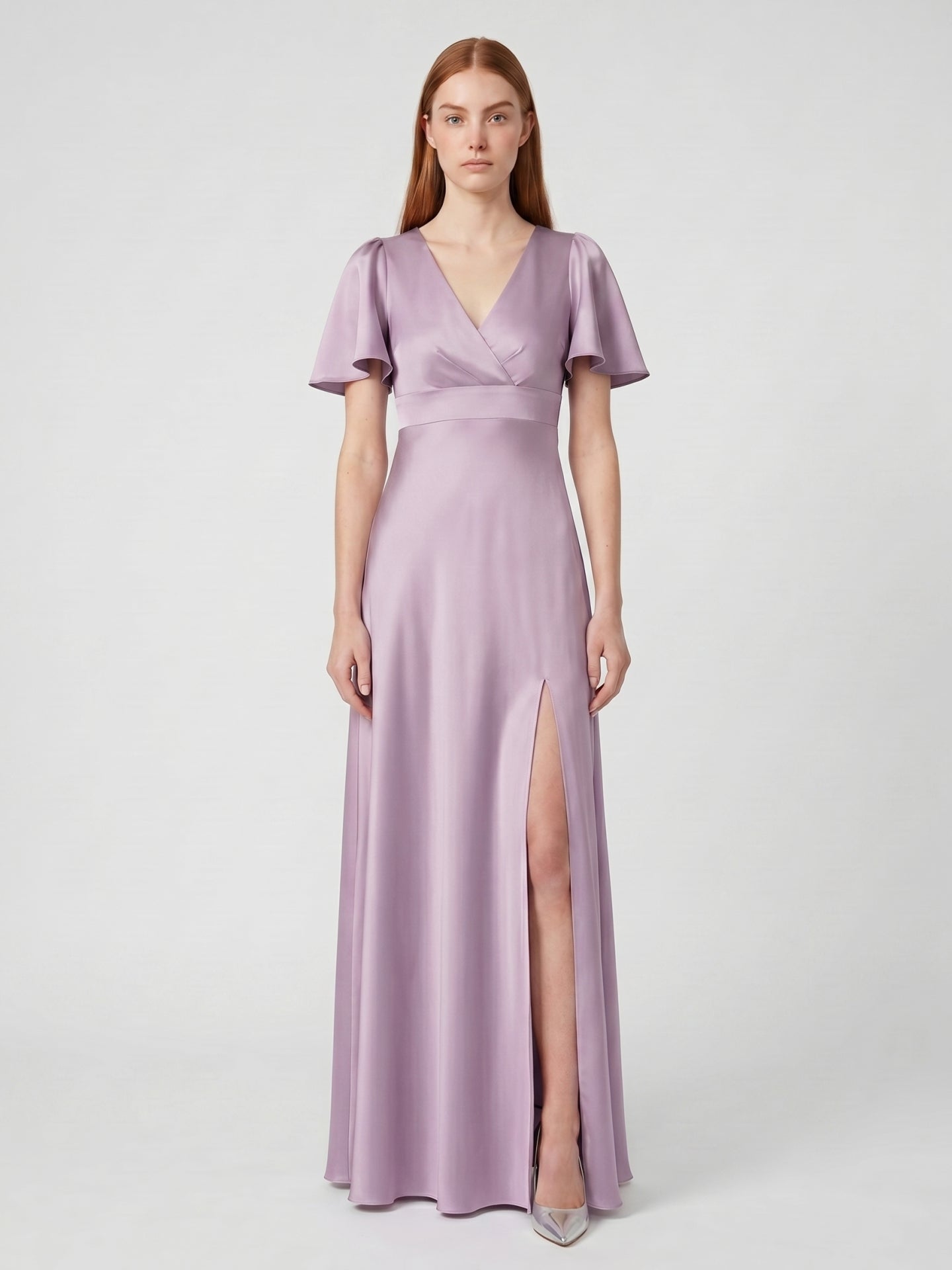 Lavender Satin A-Line V-Neck Back Zip Floor-Length Bridesmaid Dress