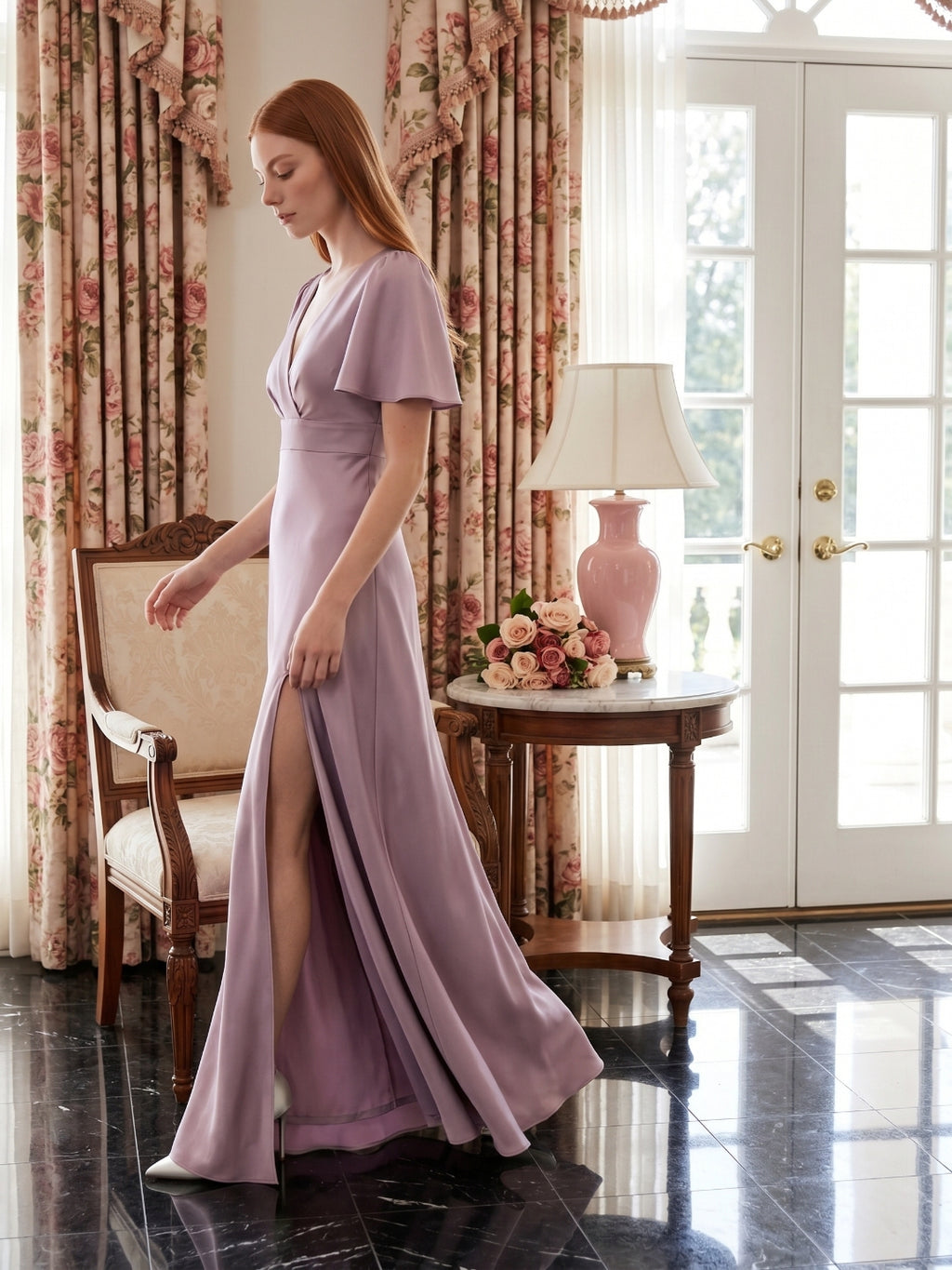 Lavender Satin A-Line V-Neck Back Zip Floor-Length Bridesmaid Dress