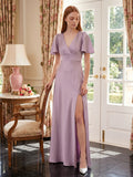Lavender Satin A-Line V-Neck Back Zip Floor-Length Bridesmaid Dress