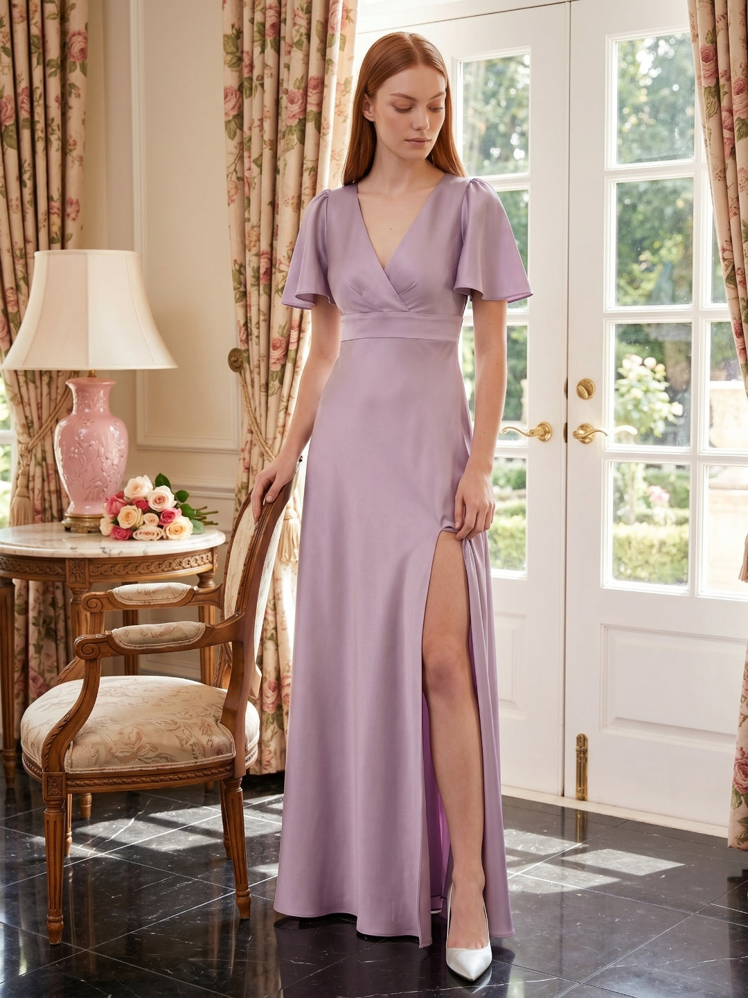 Lavender Satin A-Line V-Neck Back Zip Floor-Length Bridesmaid Dress