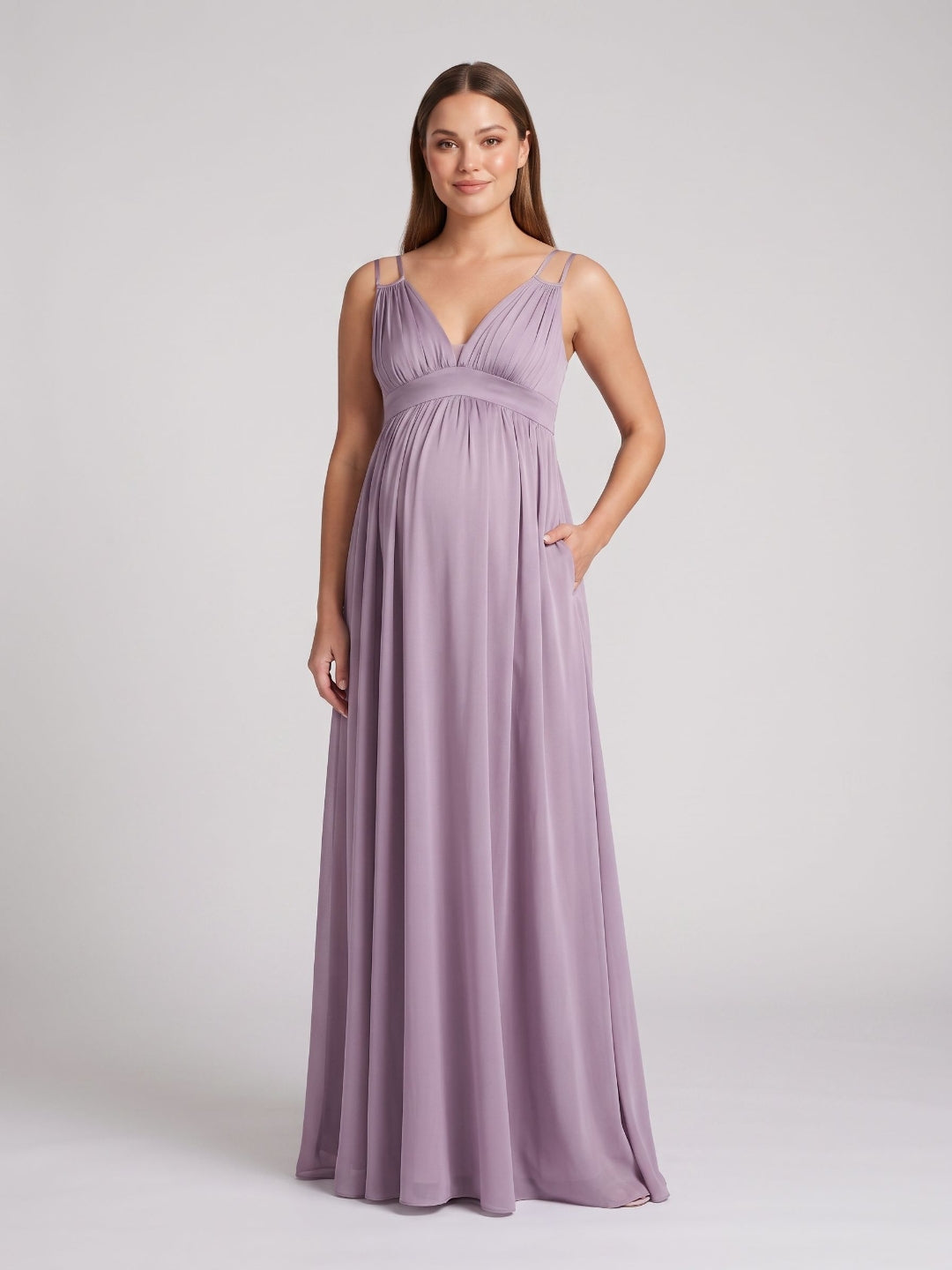 Lavender Satin A-Line V-Neck Criss-Cross Straps Ankle-Length Maternity Bridesmaid Dress