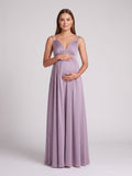 Lavender Satin A-Line V-Neck Criss-Cross Straps Ankle-Length Maternity Bridesmaid Dress
