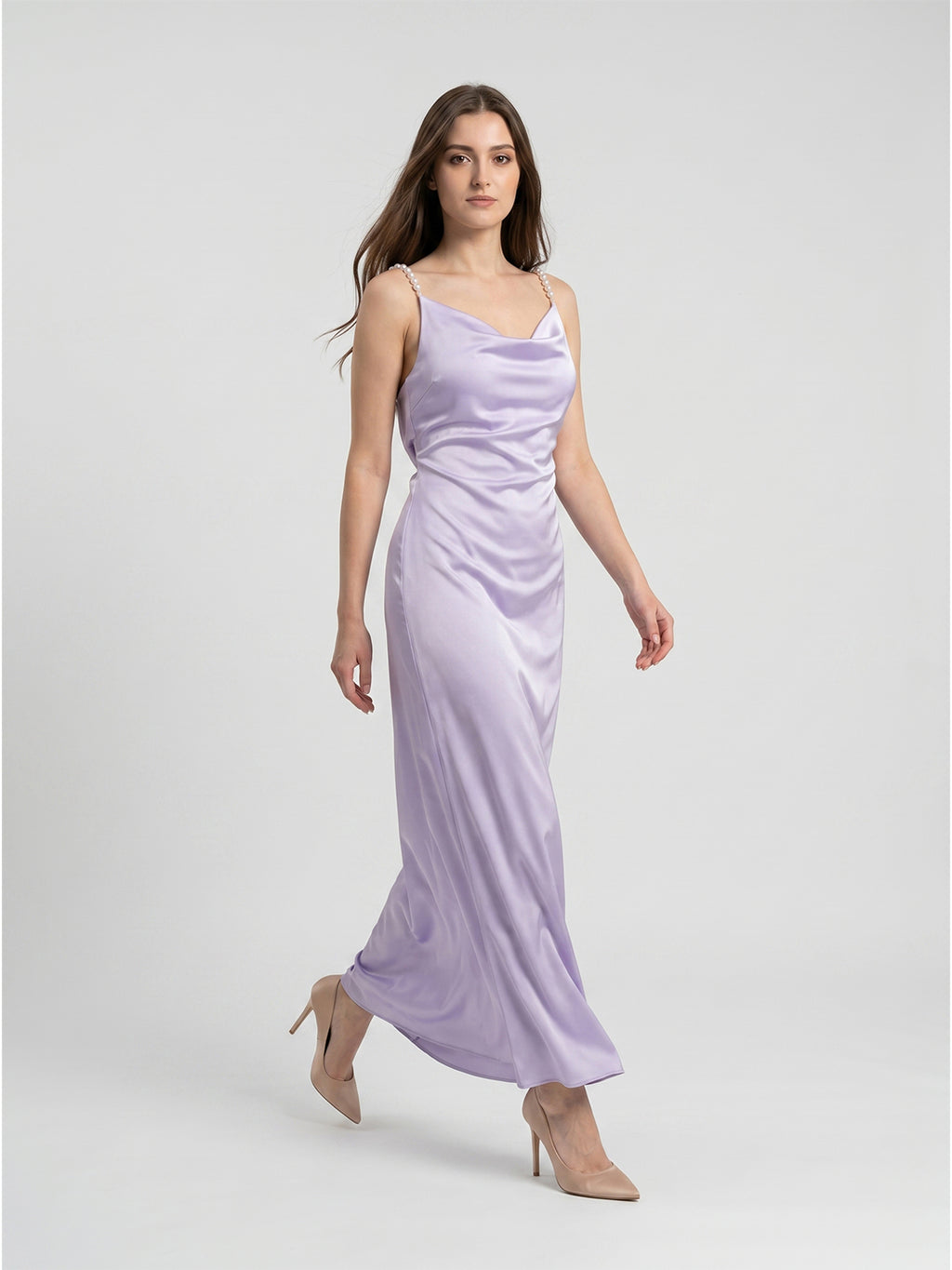 Lavender Satin Column Cowl Neck Backless Floor-Length Bridesmaid Dress