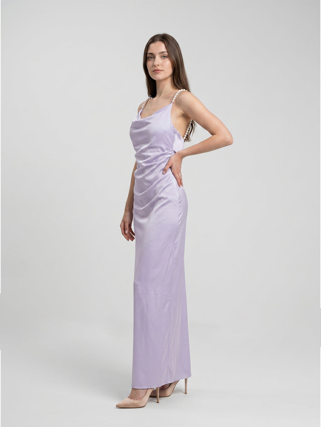 Lavender Satin Column Cowl Neck Backless Floor-Length Bridesmaid Dress