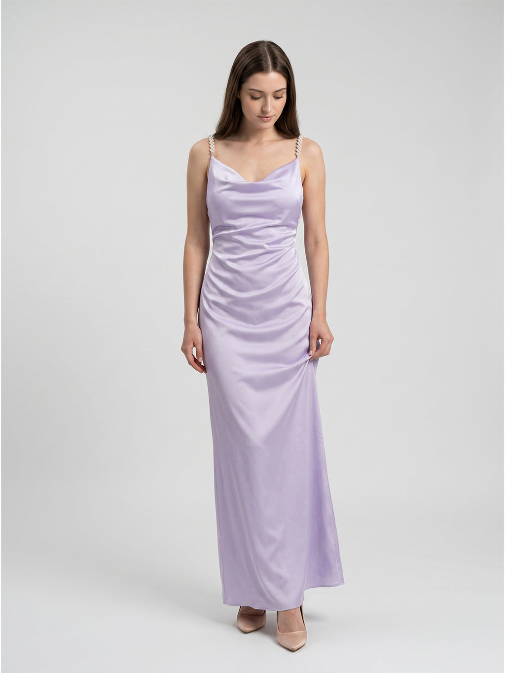 Lavender Satin Column Cowl Neck Backless Floor-Length Bridesmaid Dress