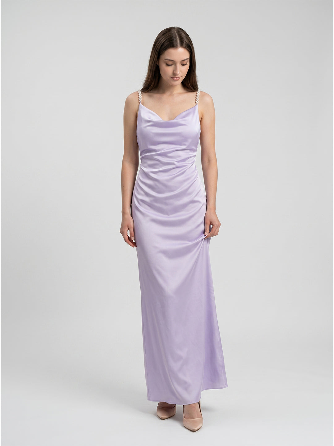 Lavender Satin Column Cowl Neck Backless Floor-Length Bridesmaid Dress