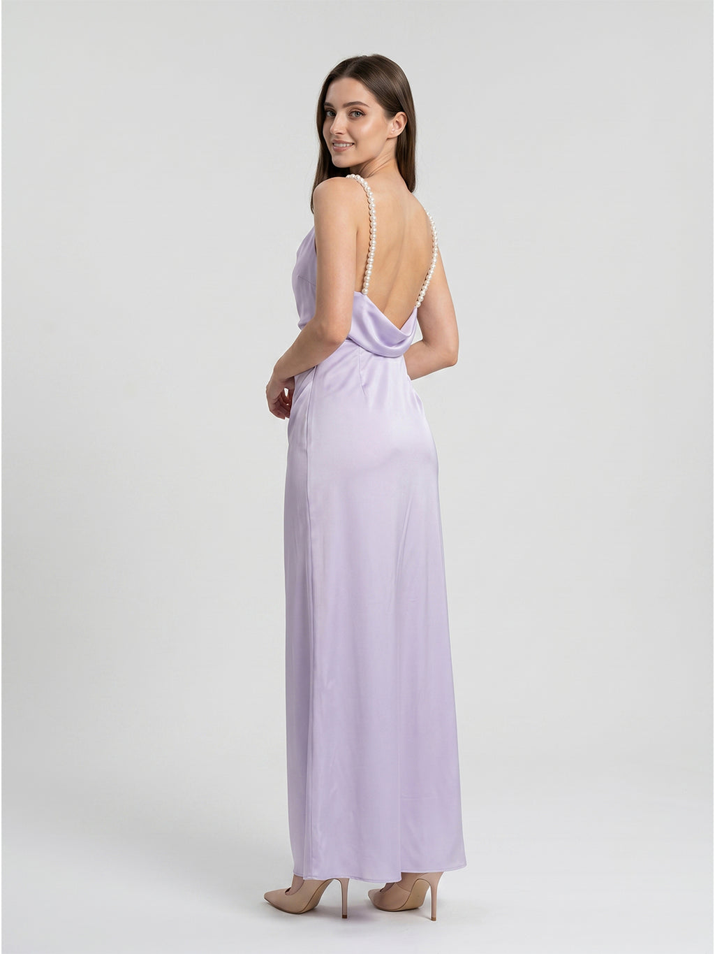 Lavender Satin Column Cowl Neck Backless Floor-Length Bridesmaid Dress