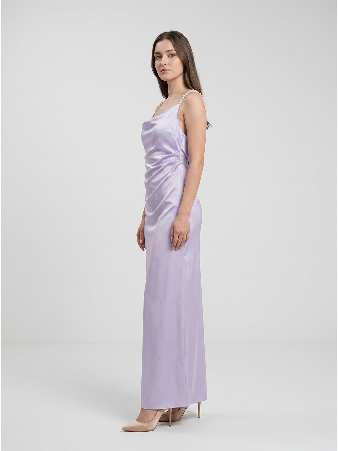 Lavender Satin Column Cowl Neck Backless Floor-Length Bridesmaid Dress