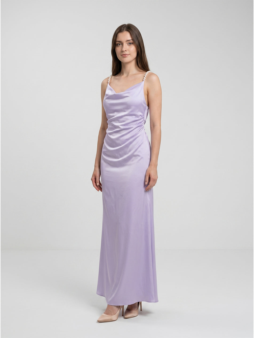 Lavender Satin Column Cowl Neck Backless Floor-Length Bridesmaid Dress
