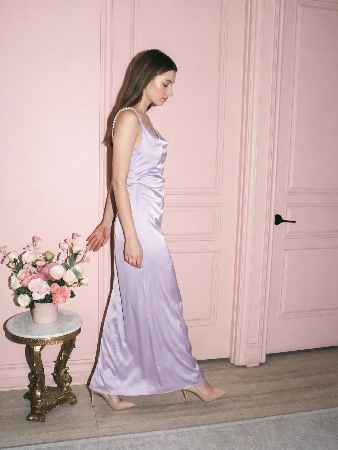 Lavender Satin Column Cowl Neck Backless Floor-Length Bridesmaid Dress