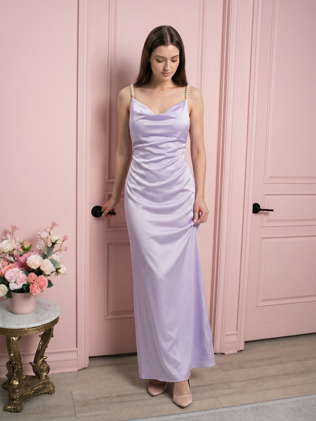 Lavender Satin Column Cowl Neck Backless Floor-Length Bridesmaid Dress