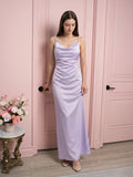 Lavender Satin Column Cowl Neck Backless Floor-Length Bridesmaid Dress