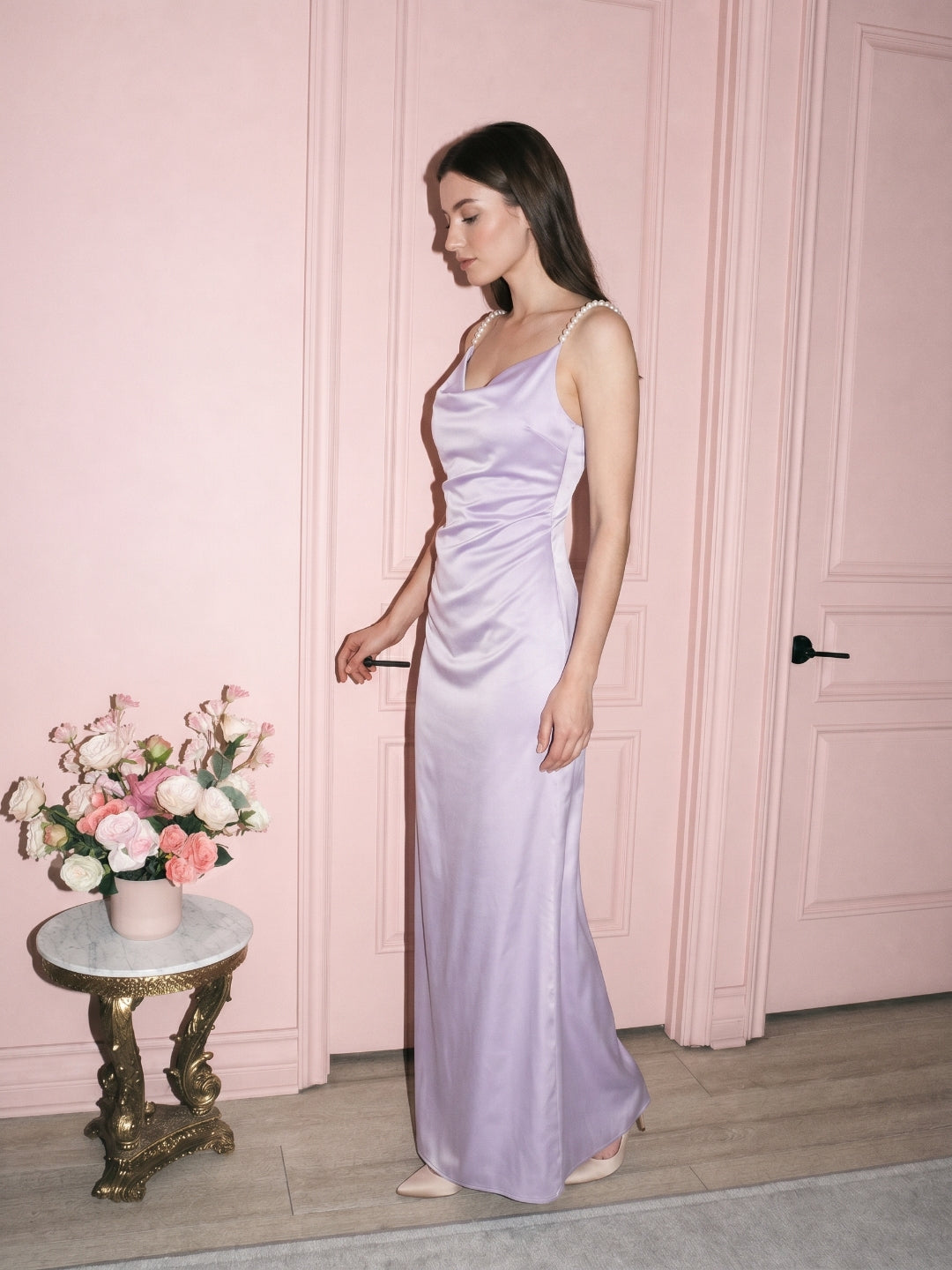 Lavender Satin Column Cowl Neck Backless Floor-Length Bridesmaid Dress