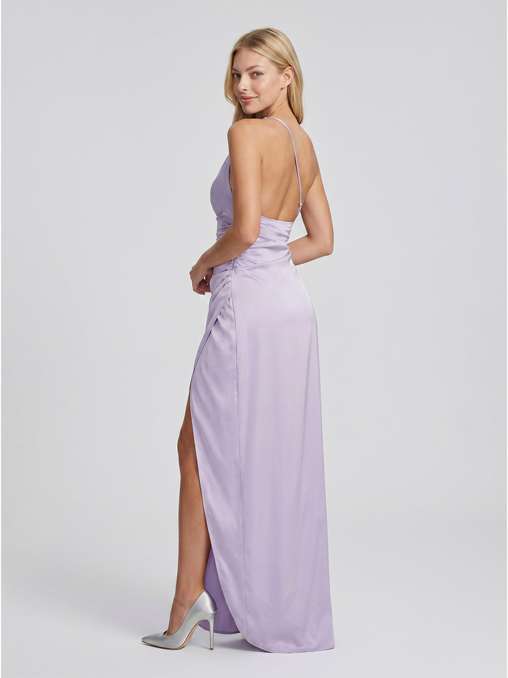 Lavender Satin Column One Shoulder Backless Floor-Length Bridesmaid Dress