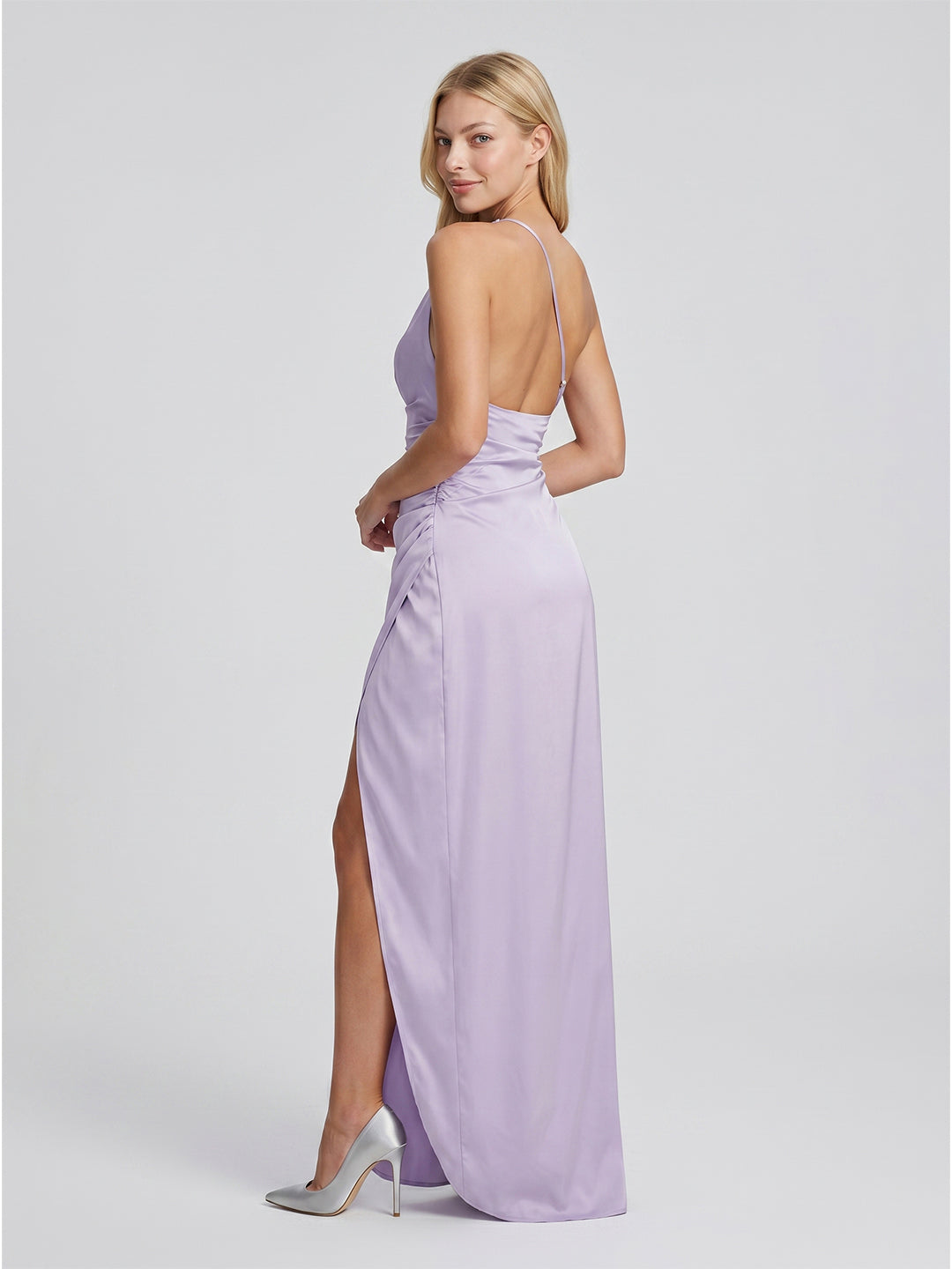 Lavender Satin Column One Shoulder Backless Floor-Length Bridesmaid Dress