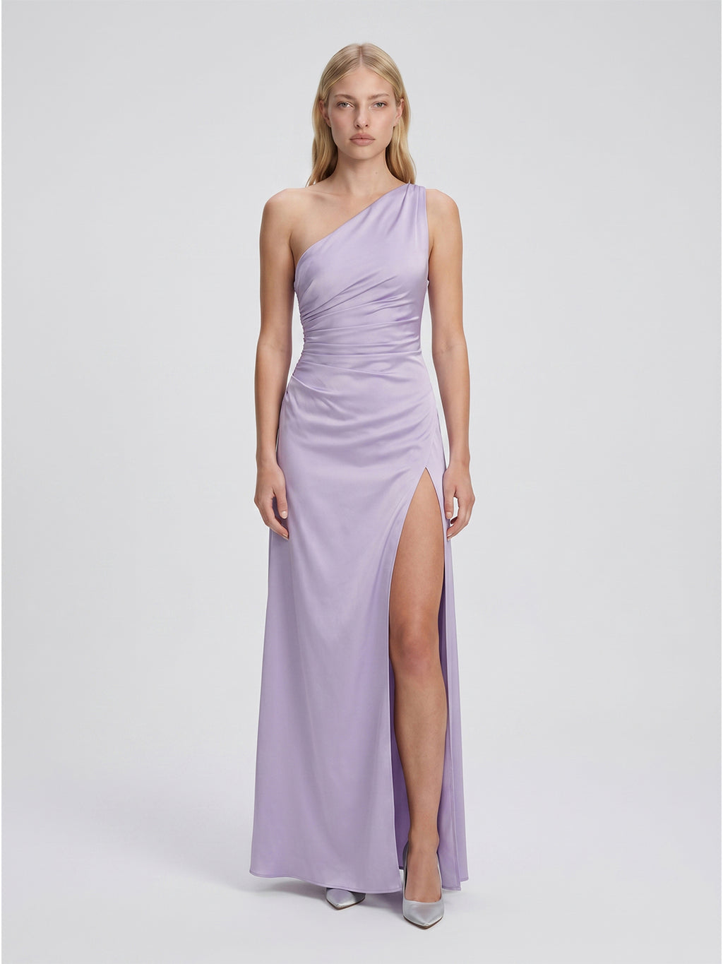 Lavender Satin Column One Shoulder Backless Floor-Length Bridesmaid Dress