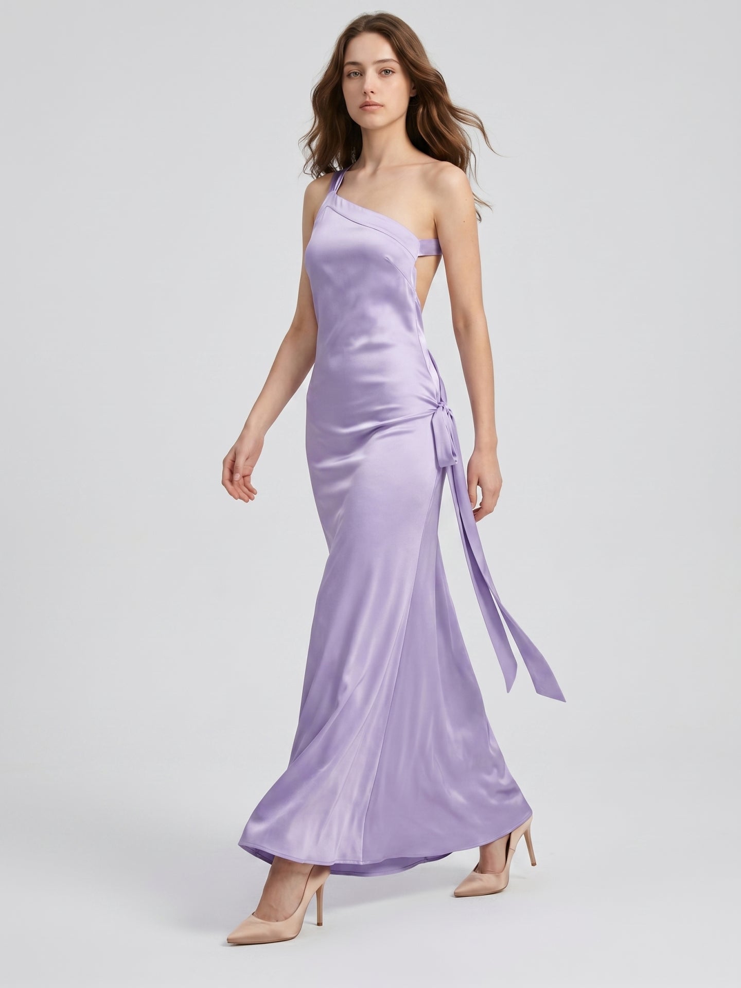 Lavender Satin Column One Shoulder Lace-Up Floor-Length Bridesmaid Dress