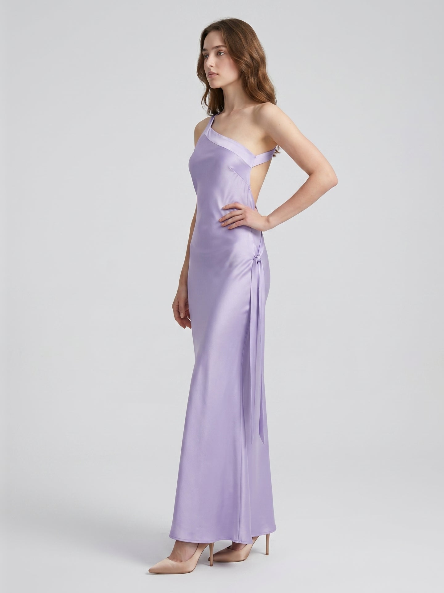 Lavender Satin Column One Shoulder Lace-Up Floor-Length Bridesmaid Dress