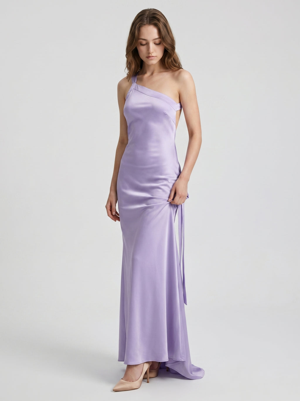 Lavender Satin Column One Shoulder Lace-Up Floor-Length Bridesmaid Dress