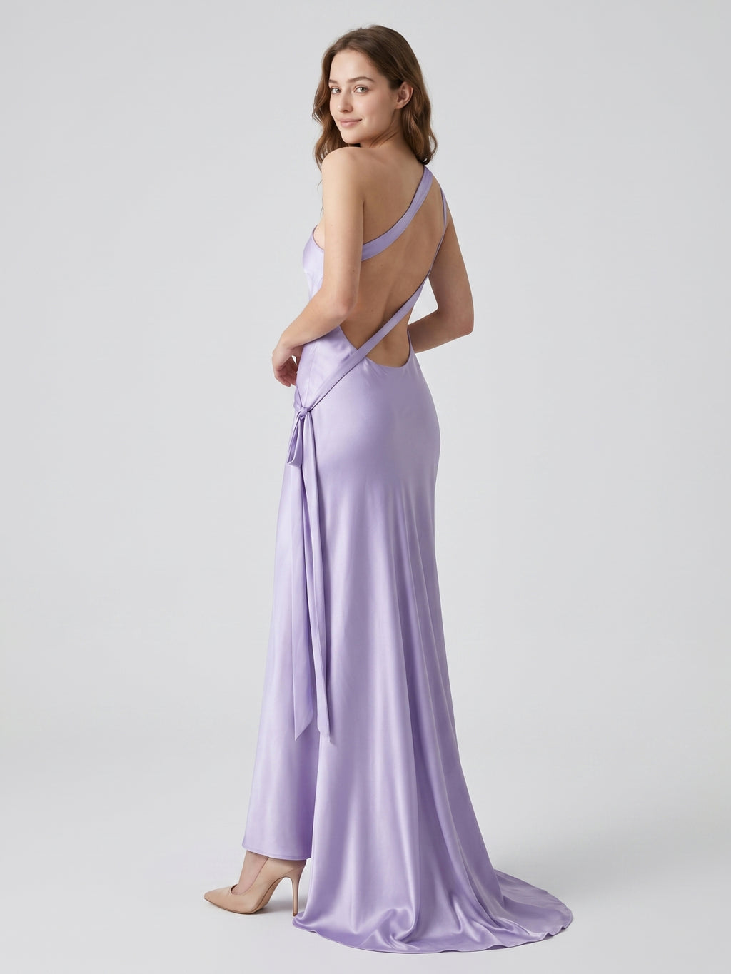 Lavender Satin Column One Shoulder Lace-Up Floor-Length Bridesmaid Dress