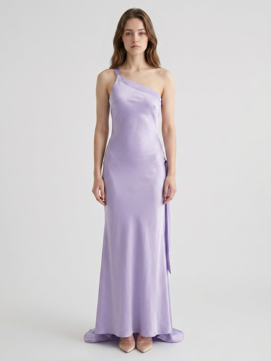 Lavender Satin Column One Shoulder Lace-Up Floor-Length Bridesmaid Dress
