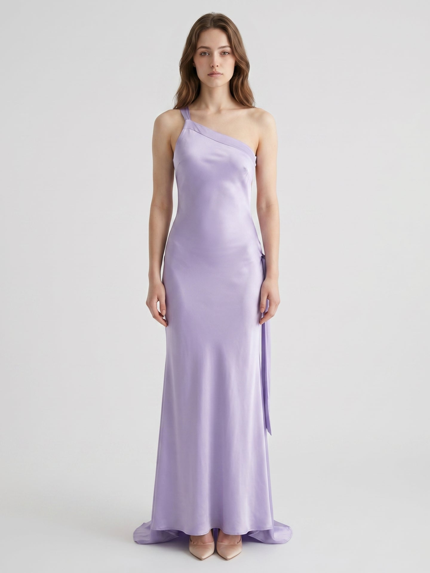 Lavender Satin Column One Shoulder Lace-Up Floor-Length Bridesmaid Dress