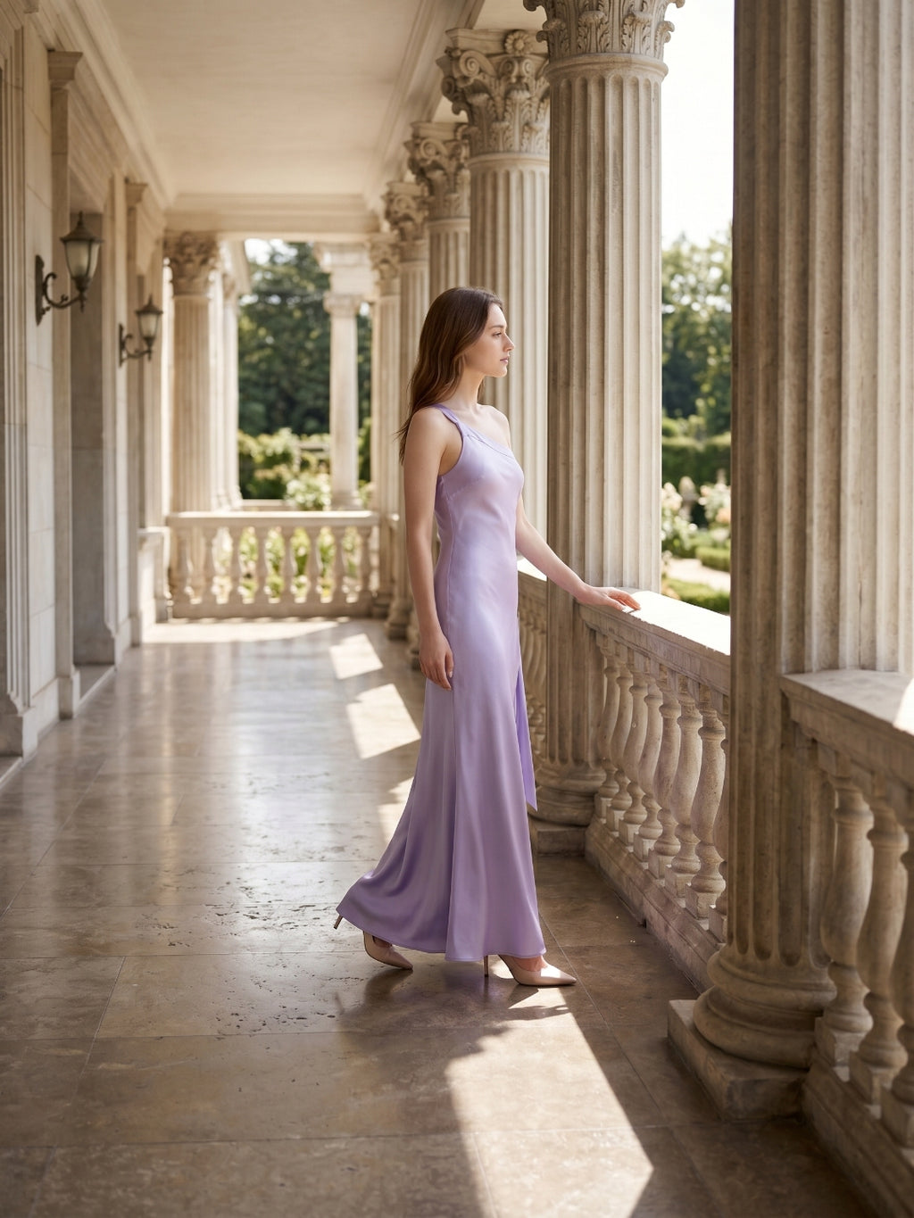 Lavender Satin Column One Shoulder Lace-Up Floor-Length Bridesmaid Dress