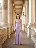 Lavender Satin Column One Shoulder Lace-Up Floor-Length Bridesmaid Dress