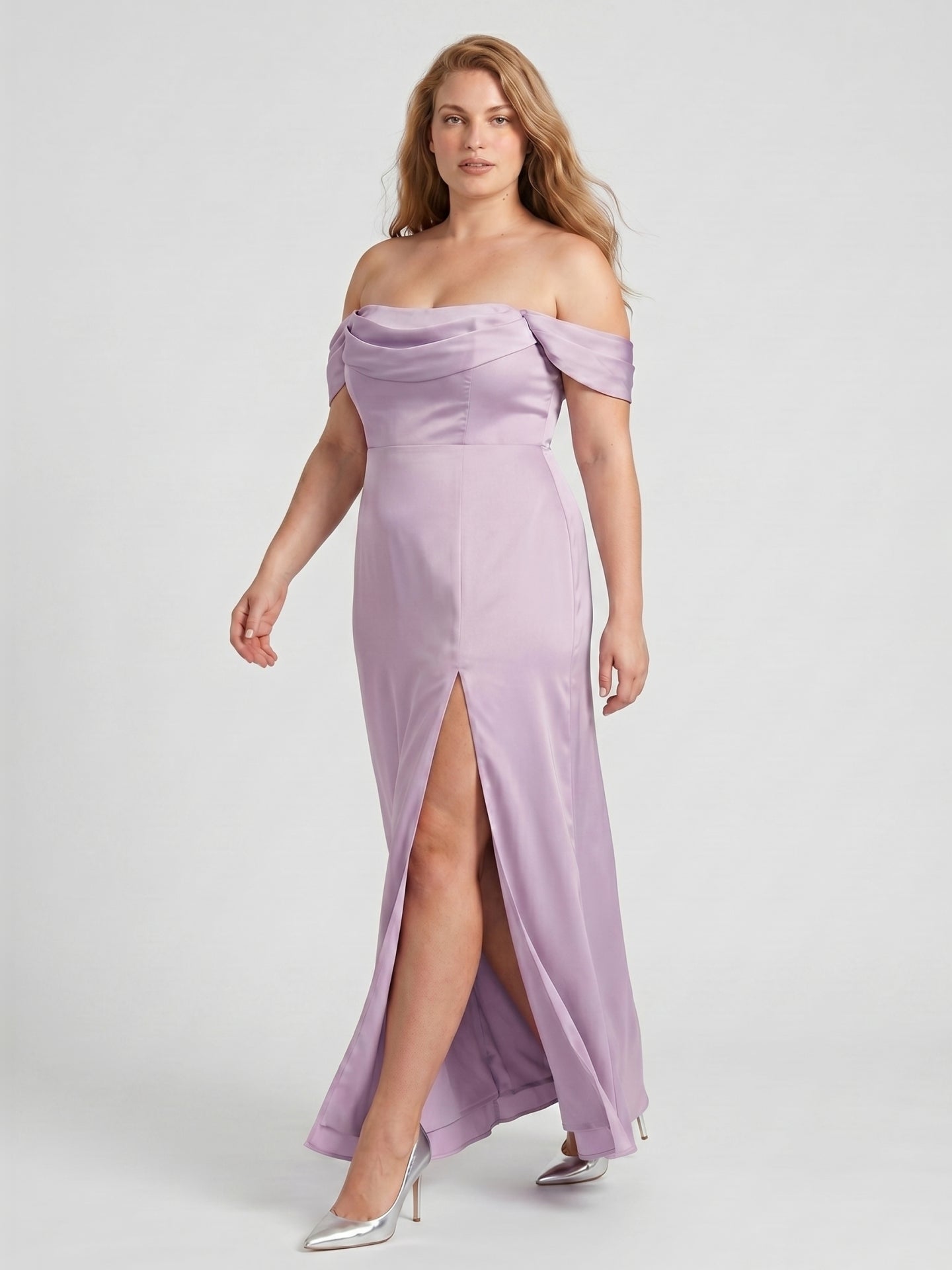 Lavender Satin Column Straight Neck Back Zip Floor-Length Plus Size Bridesmaid Dress
