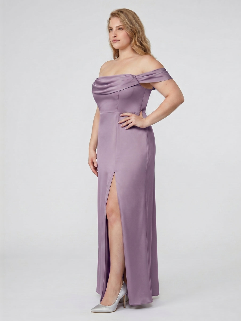 Lavender Satin Column Straight Neck Back Zip Floor-Length Plus Size Bridesmaid Dress