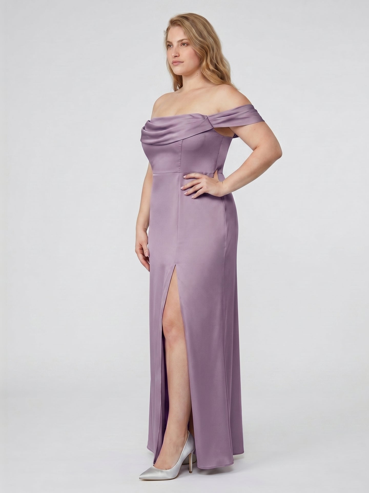 Lavender Satin Column Straight Neck Back Zip Floor-Length Plus Size Bridesmaid Dress