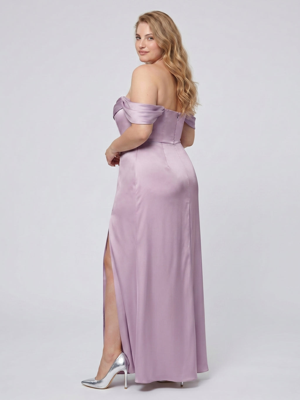 Lavender Satin Column Straight Neck Back Zip Floor-Length Plus Size Bridesmaid Dress