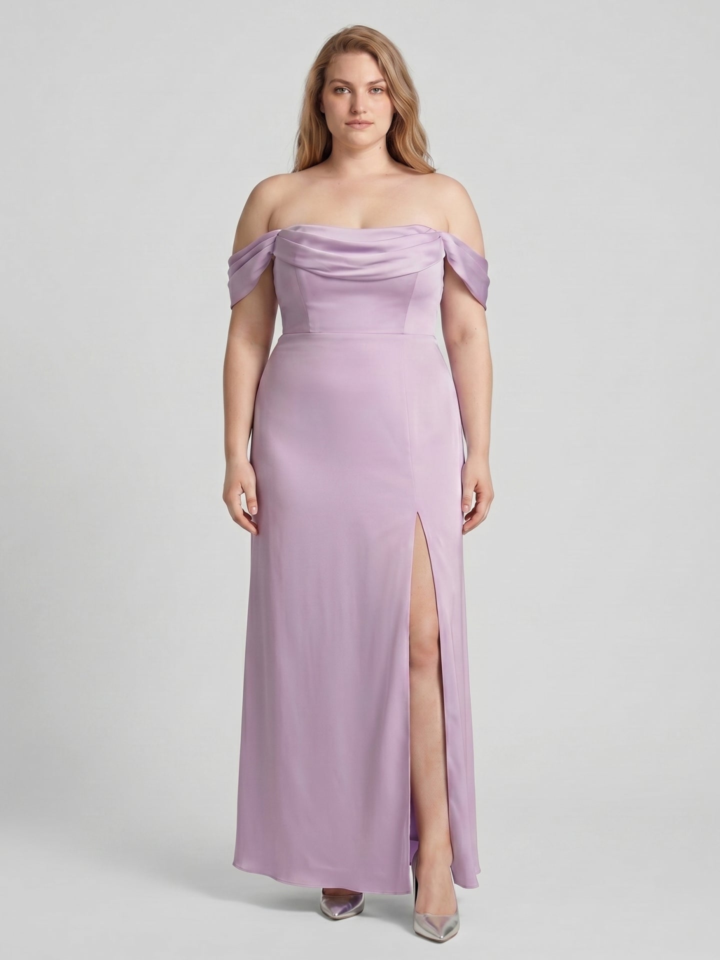 Lavender Satin Column Straight Neck Back Zip Floor-Length Plus Size Bridesmaid Dress