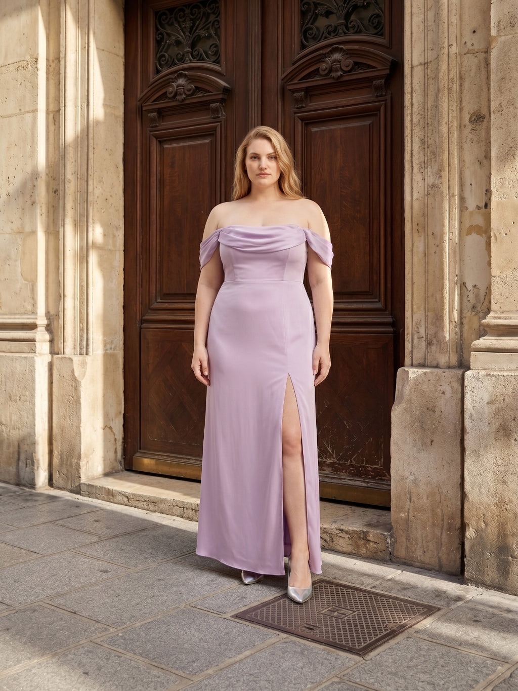 Lavender Satin Column Straight Neck Back Zip Floor-Length Plus Size Bridesmaid Dress