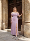 Lavender Satin Column Straight Neck Back Zip Floor-Length Plus Size Bridesmaid Dress