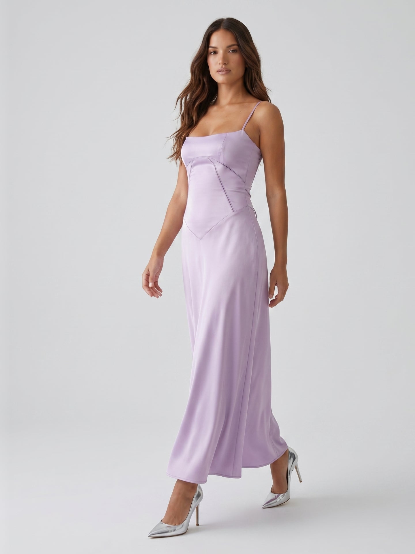 Lavender Satin Column Straight Neck Lace-up Floor-Length Bridesmaid Dress