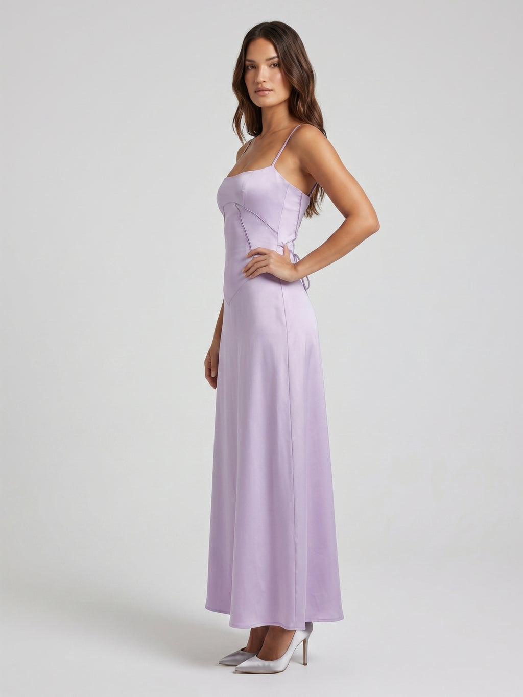 Lavender Satin Column Straight Neck Lace-up Floor-Length Bridesmaid Dress