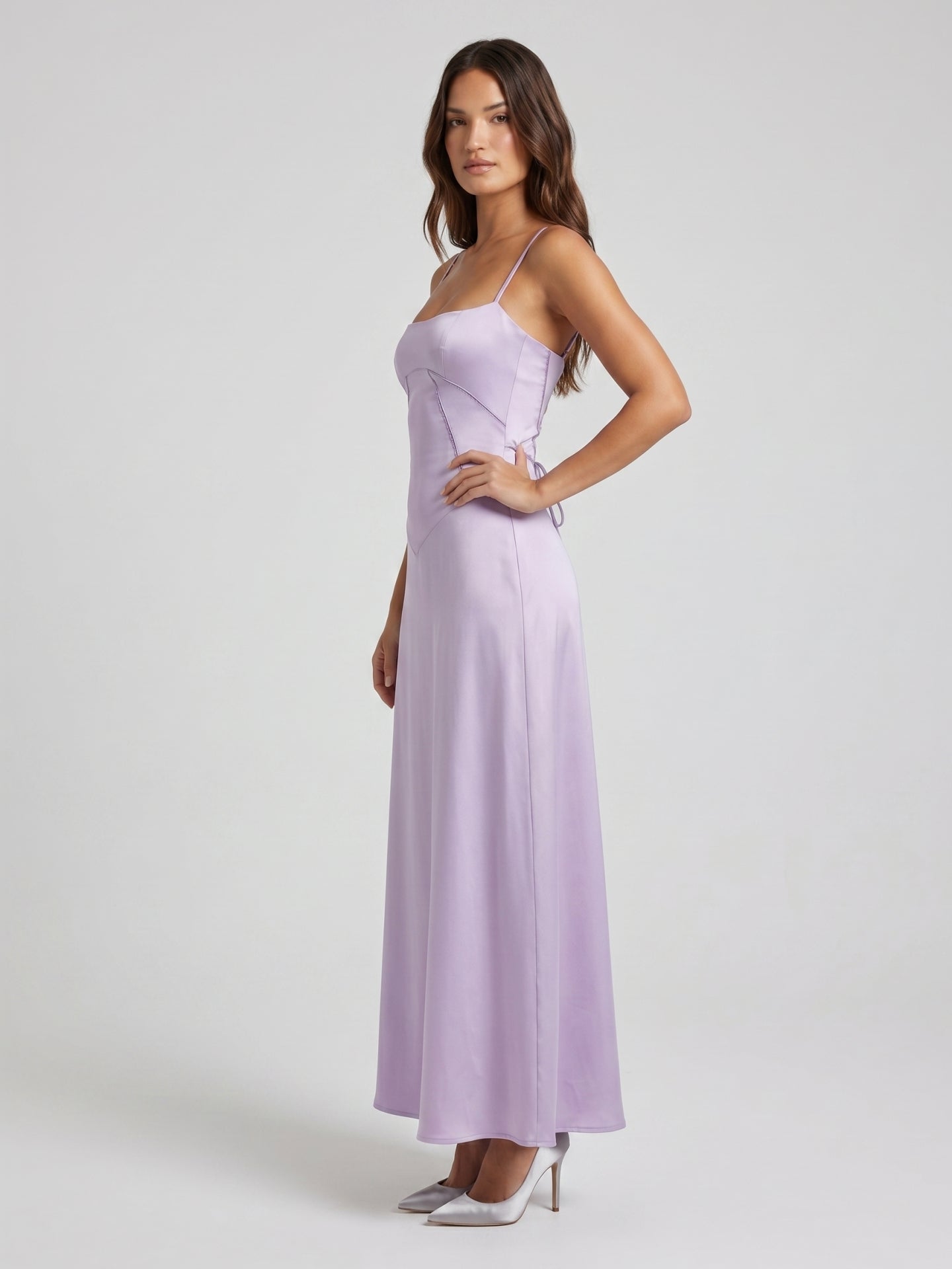 Lavender Satin Column Straight Neck Lace-up Floor-Length Bridesmaid Dress