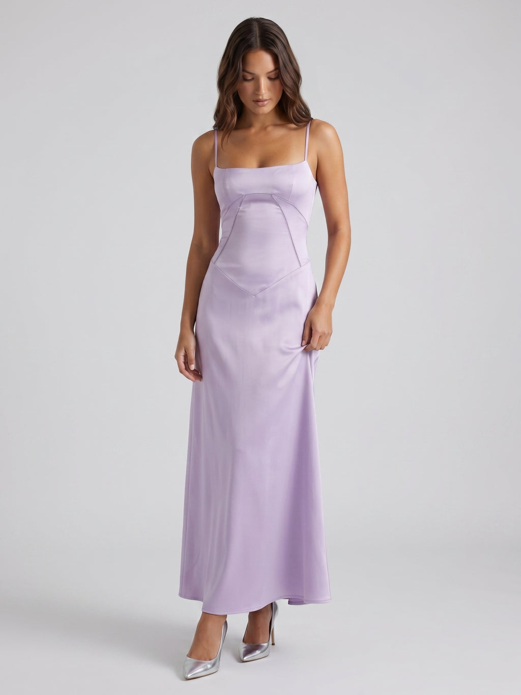 Lavender Satin Column Straight Neck Lace-up Floor-Length Bridesmaid Dress