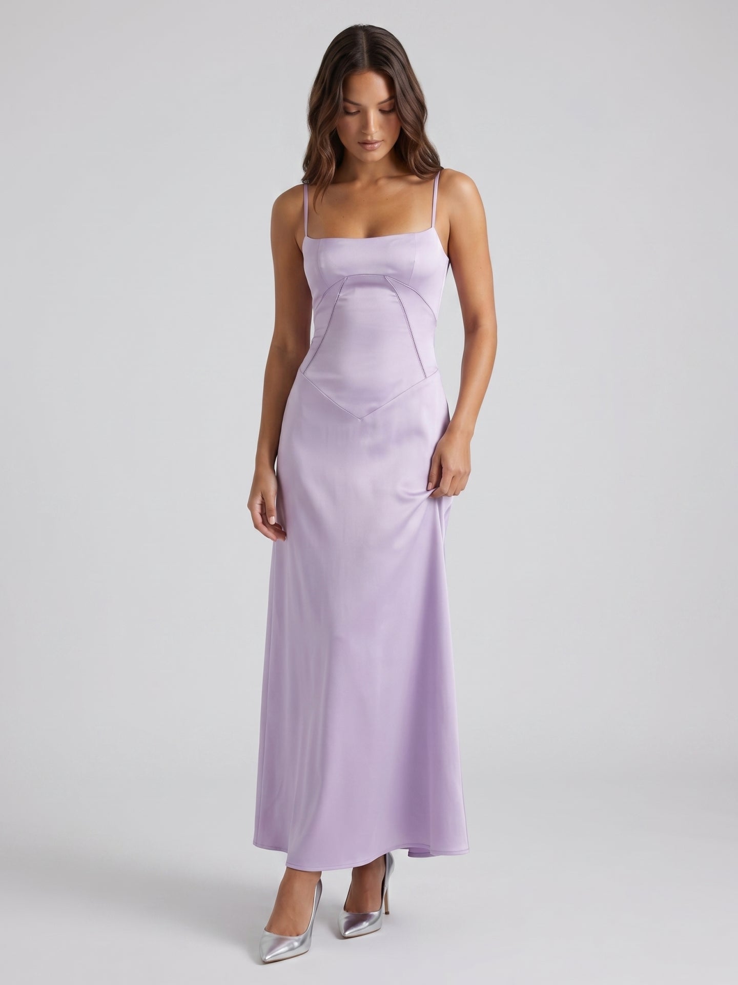 Lavender Satin Column Straight Neck Lace-up Floor-Length Bridesmaid Dress